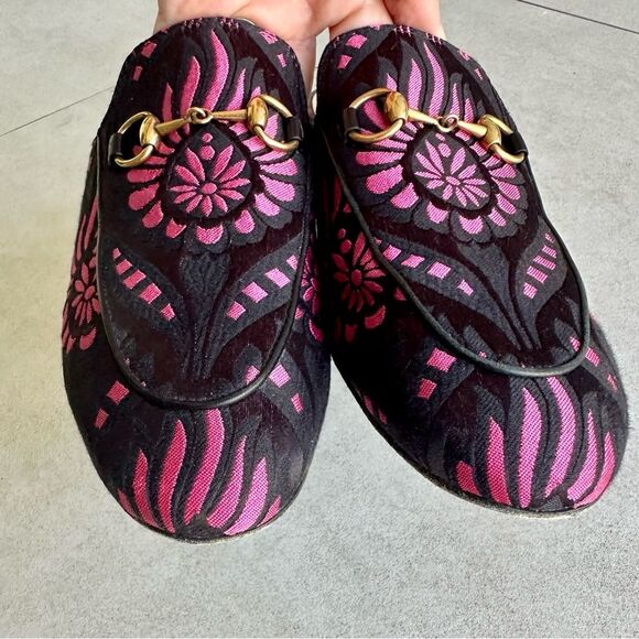 Gucci Princetown Flat Mules Black&Pink Printed Fabric Size 37 - Picture 5 of 11